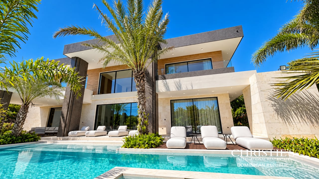 Yarari 28 villa with a turquoise pool, white loungers, and palm trees in Cap Cana.