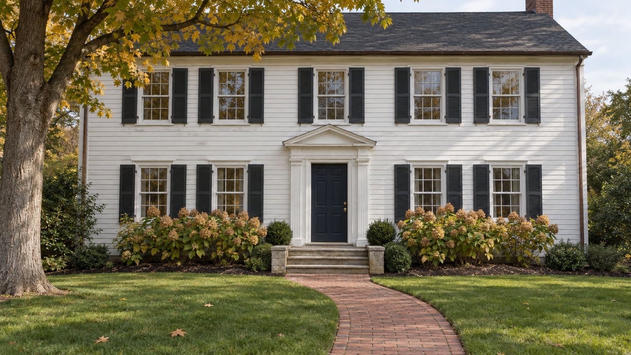 White clapboard home with dark shutters, a navy front door, curved brick approach and autumn maple canopy.
