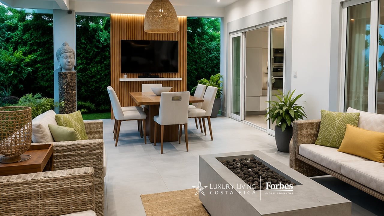 Open-plan living and dining area with a slatted wood TV wall and views of a lush garden.
