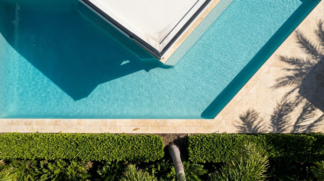 Overhead view of a turquoise pool beside a white stucco roofline, travertine deck, clipped hedge, and palm trunk.