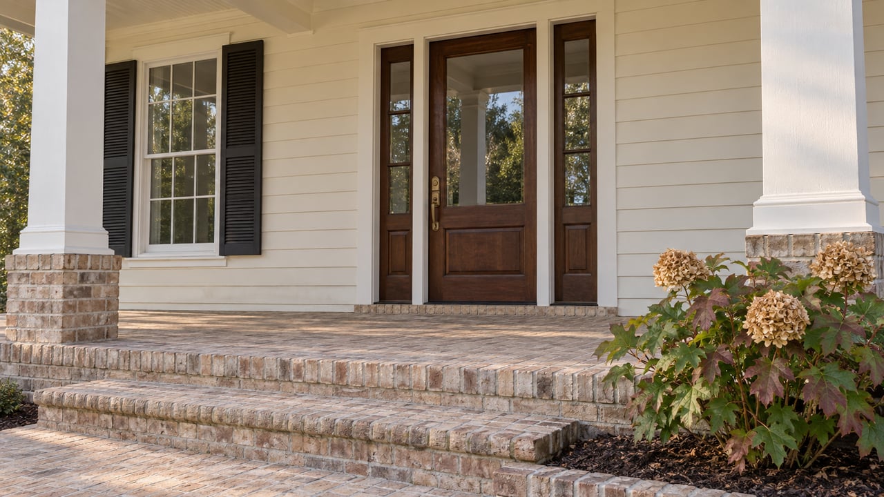 Cream clapboard home entry with a glazed oak door, square porch columns, pale brick steps and an oakleaf hydrangea.