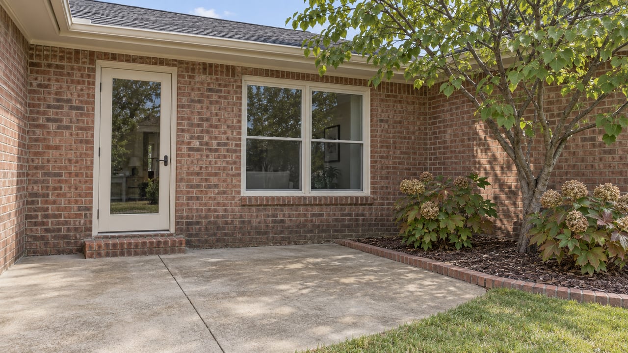 Brick home's rear patio with a glazed door, paired window, redbud tree and oakleaf hydrangeas in a brick-edged bed.