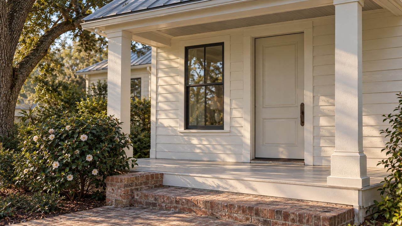 Coastal house entry with cream siding, brick porch, dark-framed window, and camellia beside the approach.
