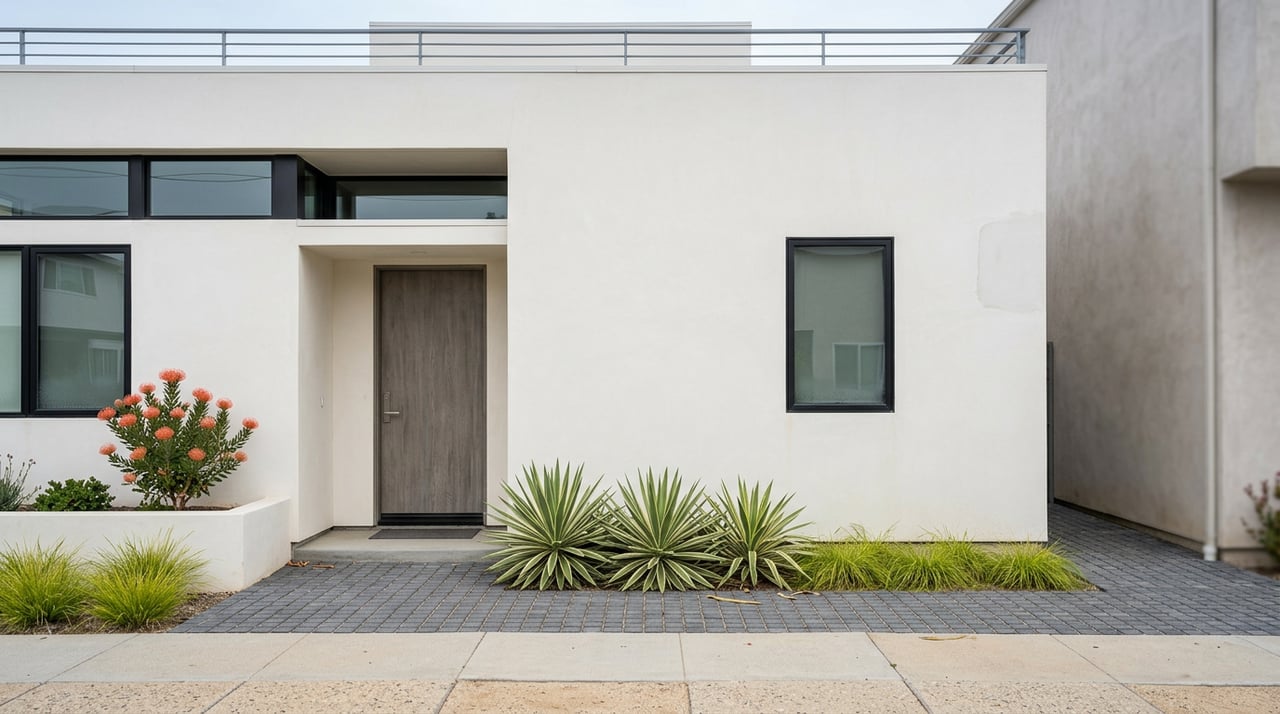 Two-story white stucco home with a roof-deck railing, coral blooms, and striped succulents beside a narrow side yard.