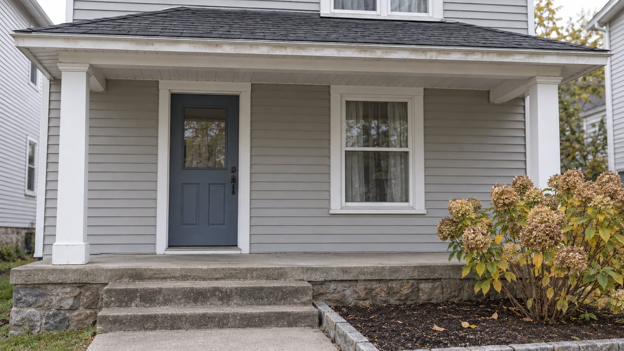 Light-gray clapboard home with a blue-gray front door, white porch columns, weathered concrete steps and one autumn hydrangea.