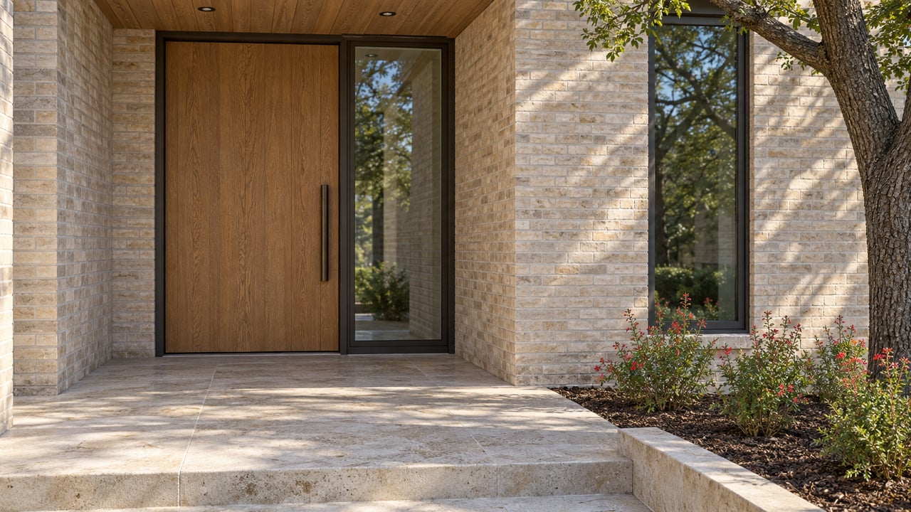 Buff-brick residential entry with an oak door, bronze-framed glazing, limestone steps, and red-flowering salvia beside an oak tree.