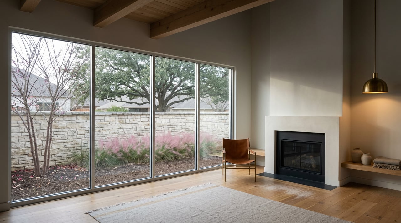 Double-height great room with a plaster fireplace, cognac leather chair, and garden view through a tall glass wall.