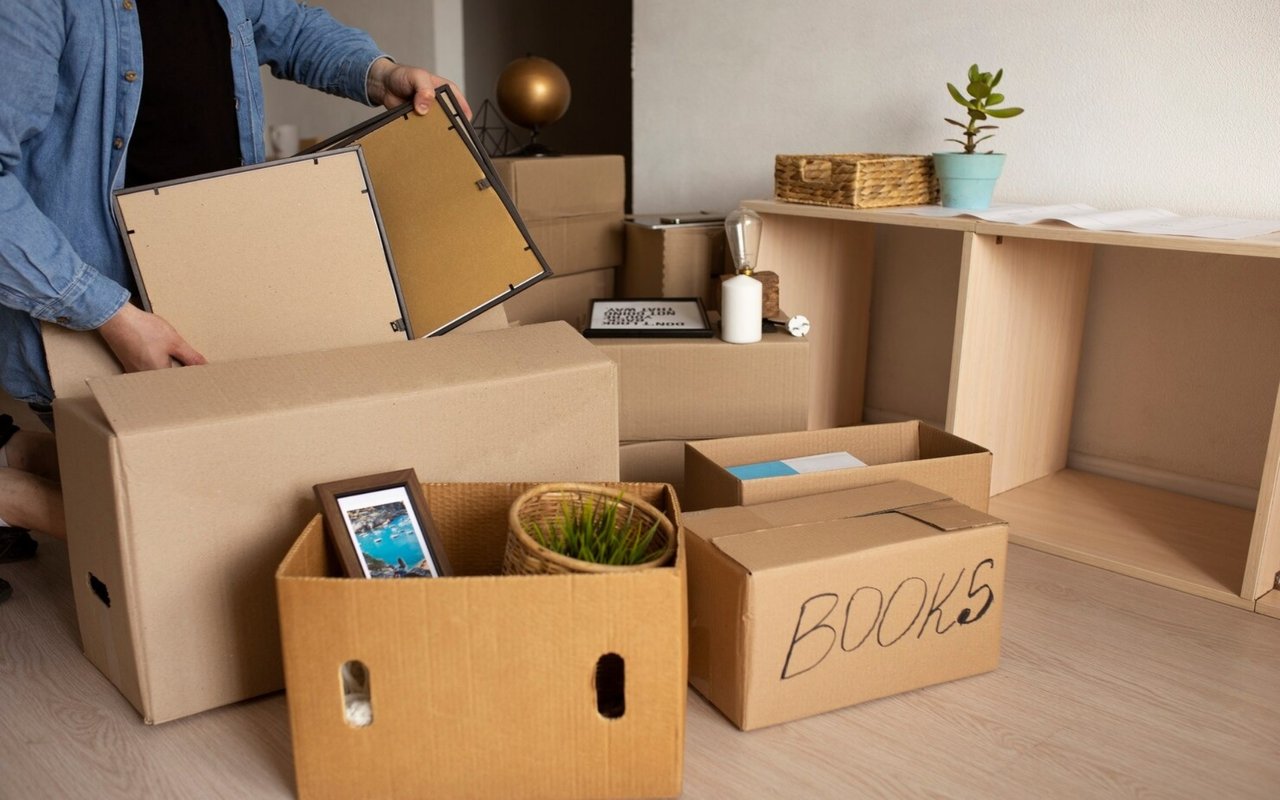 A person packs framed pictures and a small plant into cardboard moving boxes.