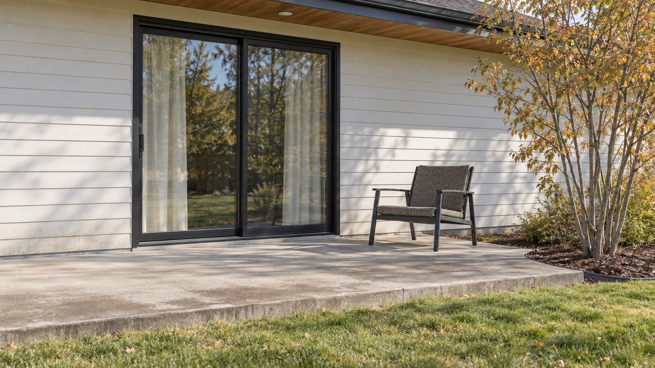 Rear patio of a single-story home with off-white siding, a closed sliding glass door, one outdoor chair and an autumn serviceberry beside the lawn.
