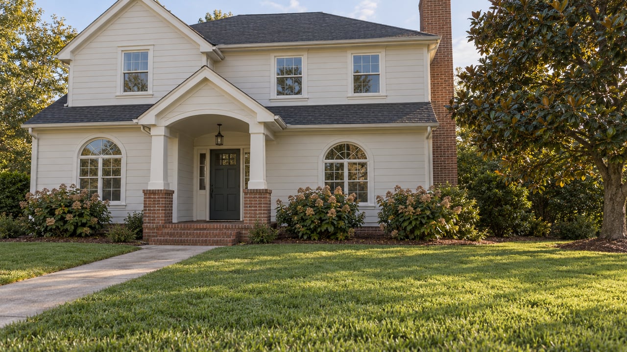 Off-white gabled house with paired arched windows, a brick chimney and deep green lawn in soft afternoon light.