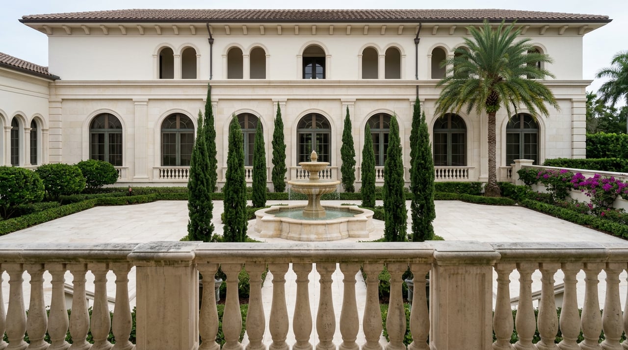 Cast-stone balustrade overlooking a resort court with a tiered fountain, cypress trees, and arched facade.