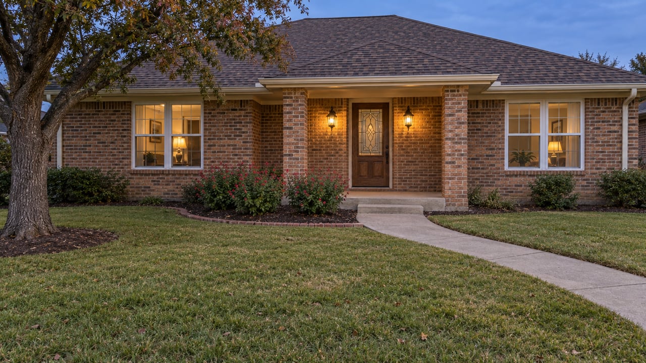 A brick single-story home behind a deep lawn at blue hour, with a curved concrete approach and two warm entry lanterns.