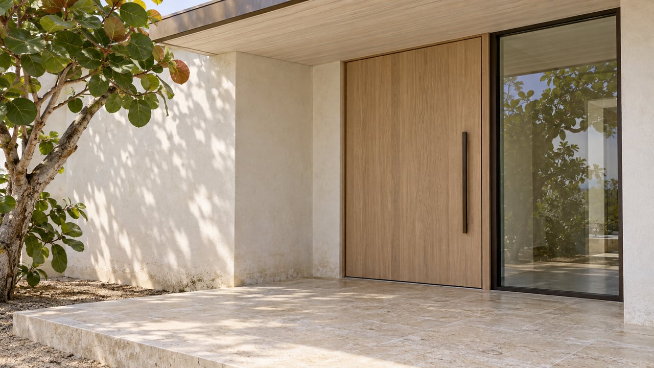 Close view of a sheltered white stucco entrance with a pale wood door, bronze-framed glass and cream limestone paving beside sea-grape leaves.