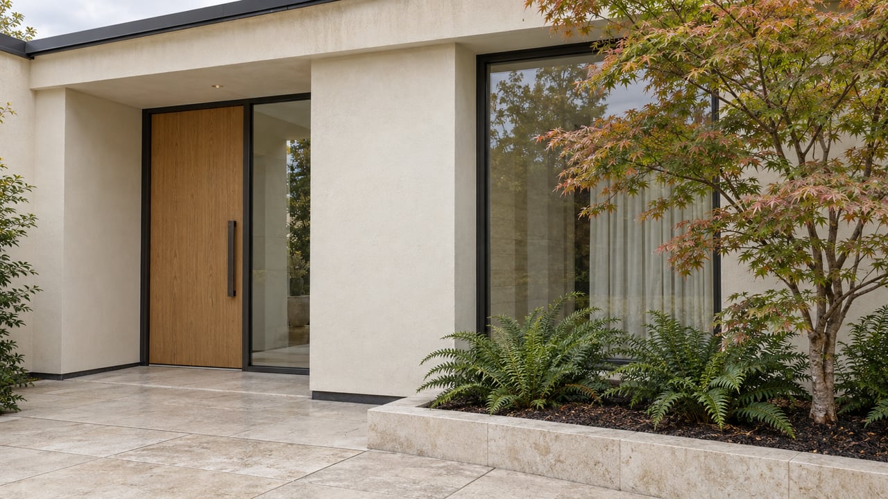 Contemporary plaster home entrance with a sheltered oak door, large dark-framed window, limestone approach and Japanese maple beside a raised planting bed.