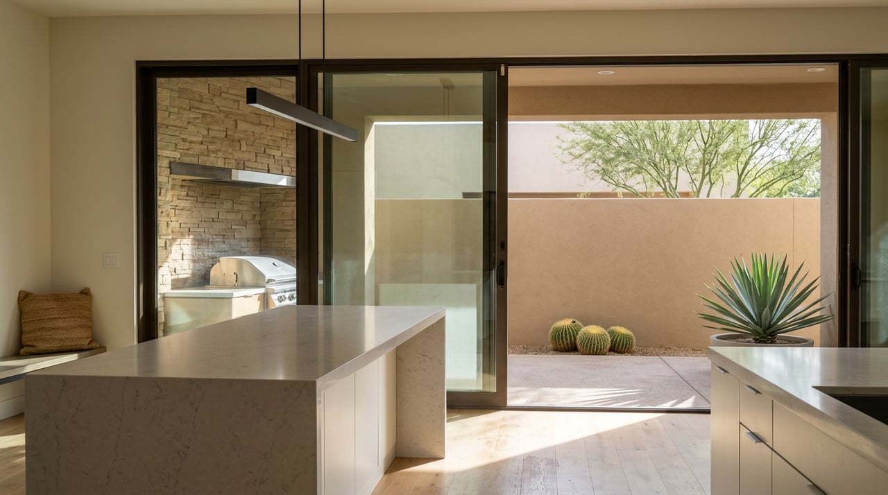 Quartz kitchen island overlooks an enclosed patio with barrel cacti and a branching palo verde.