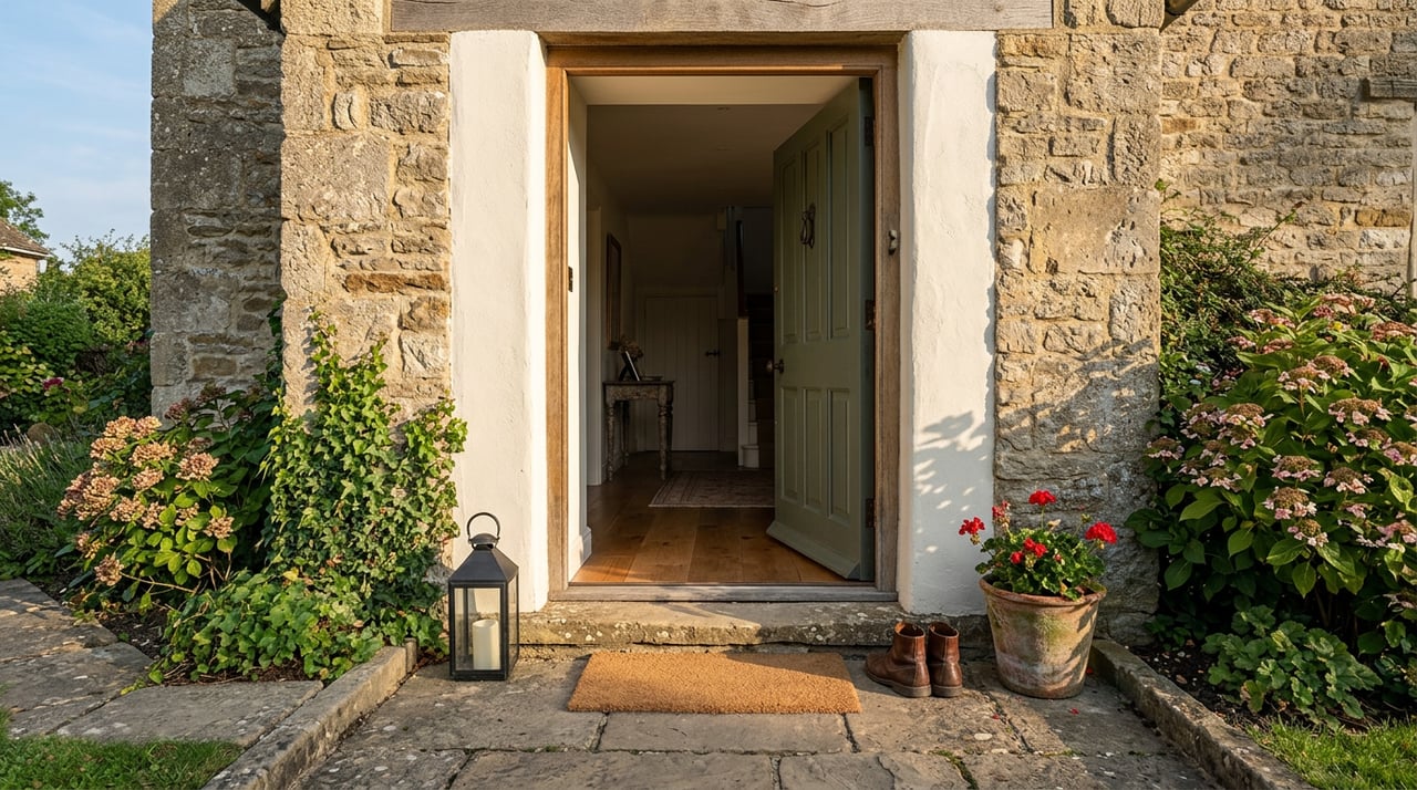 Open paneled wood door in a thick stucco-and-stone entry, with a stone step, boots, and potted flowers.