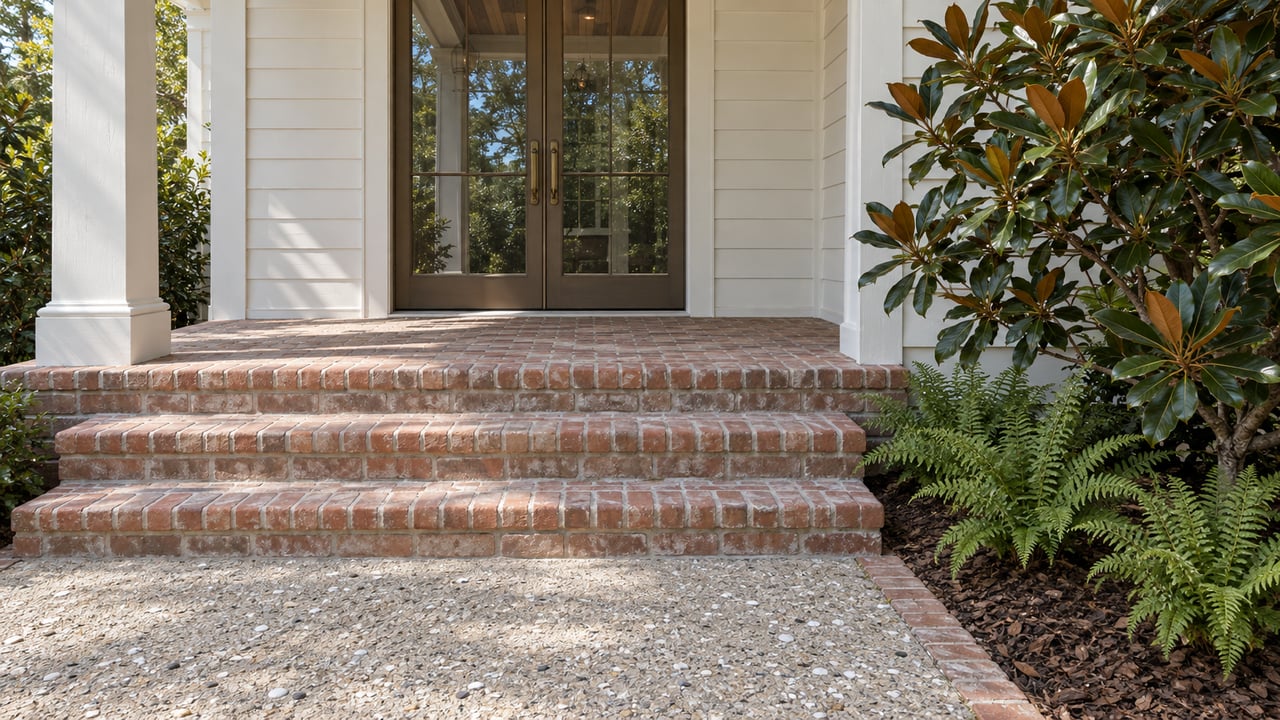 Closed bronze-framed entry doors above weathered brick porch steps, beside a magnolia and fern planting bed.