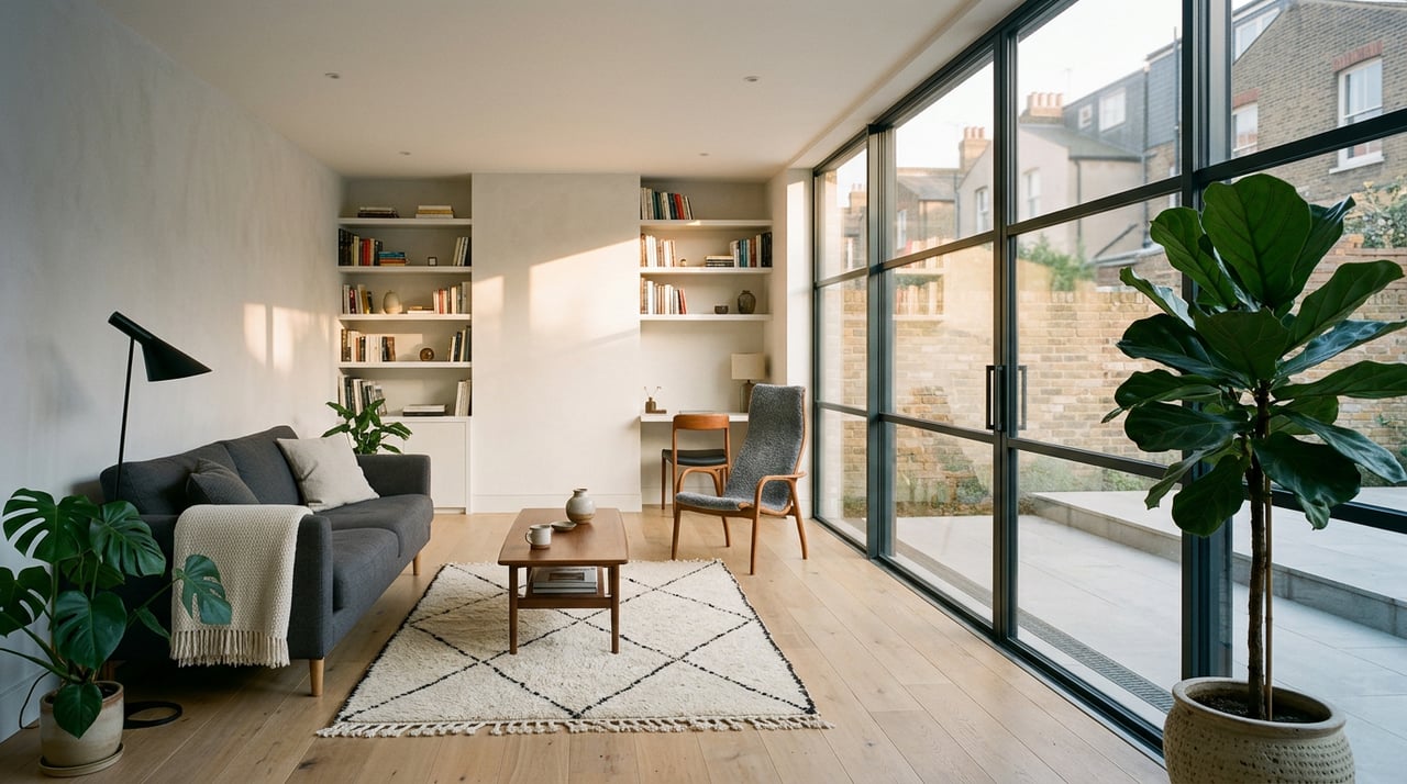 Living room with charcoal sofa, walnut coffee table, oak floor, and glazed wall opening onto a stone patio.