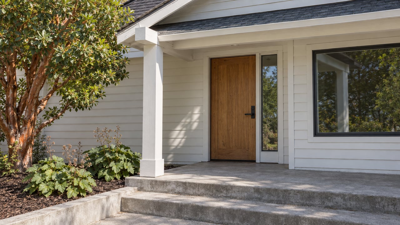 Sunlit bungalow porch with warm-white wood siding, an oak entry door, dark-framed window, concrete steps, and a strawberry tree beside a planted bed.
