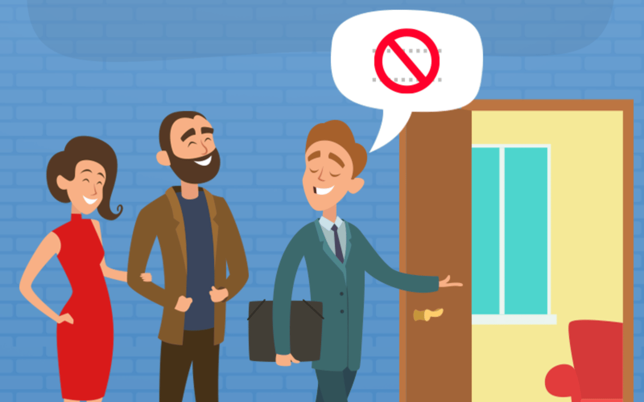 Real estate agent showing a home to a couple beneath a crossed-out speech bubble.