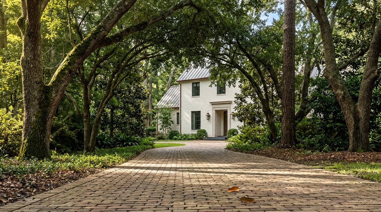 Clay-paver drive curves beneath mature oak trees toward a partially visible ivory two-story residence.