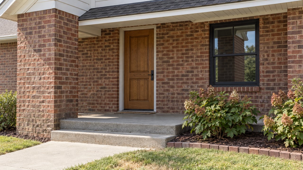 Brick and white-sided home entry with a wood door, covered concrete porch, and oakleaf hydrangeas beside the lawn.