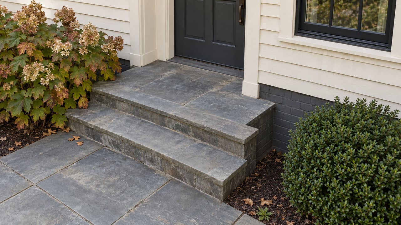 Bluestone steps lead to a recessed painted-wood door beside a black-framed window and russet-edged hydrangea.