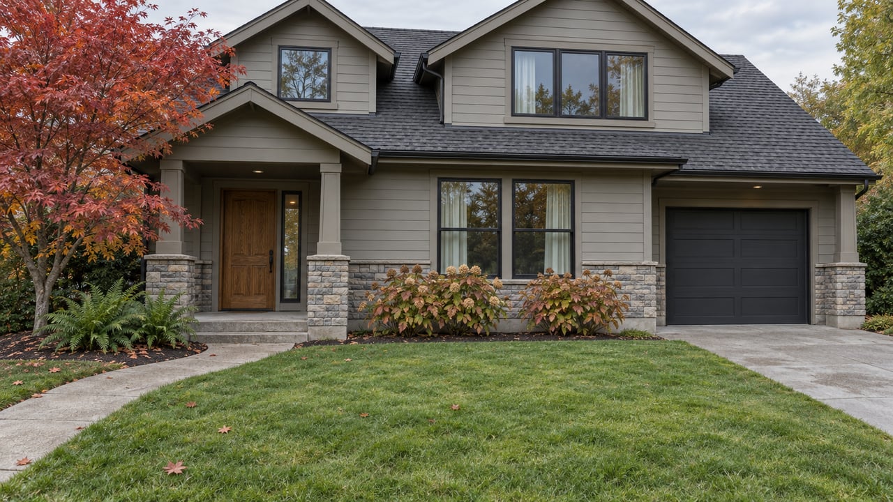 Updated gabled home with gray lap siding, stone entry details, a broad lawn, and a burgundy-orange maple in soft autumn daylight.