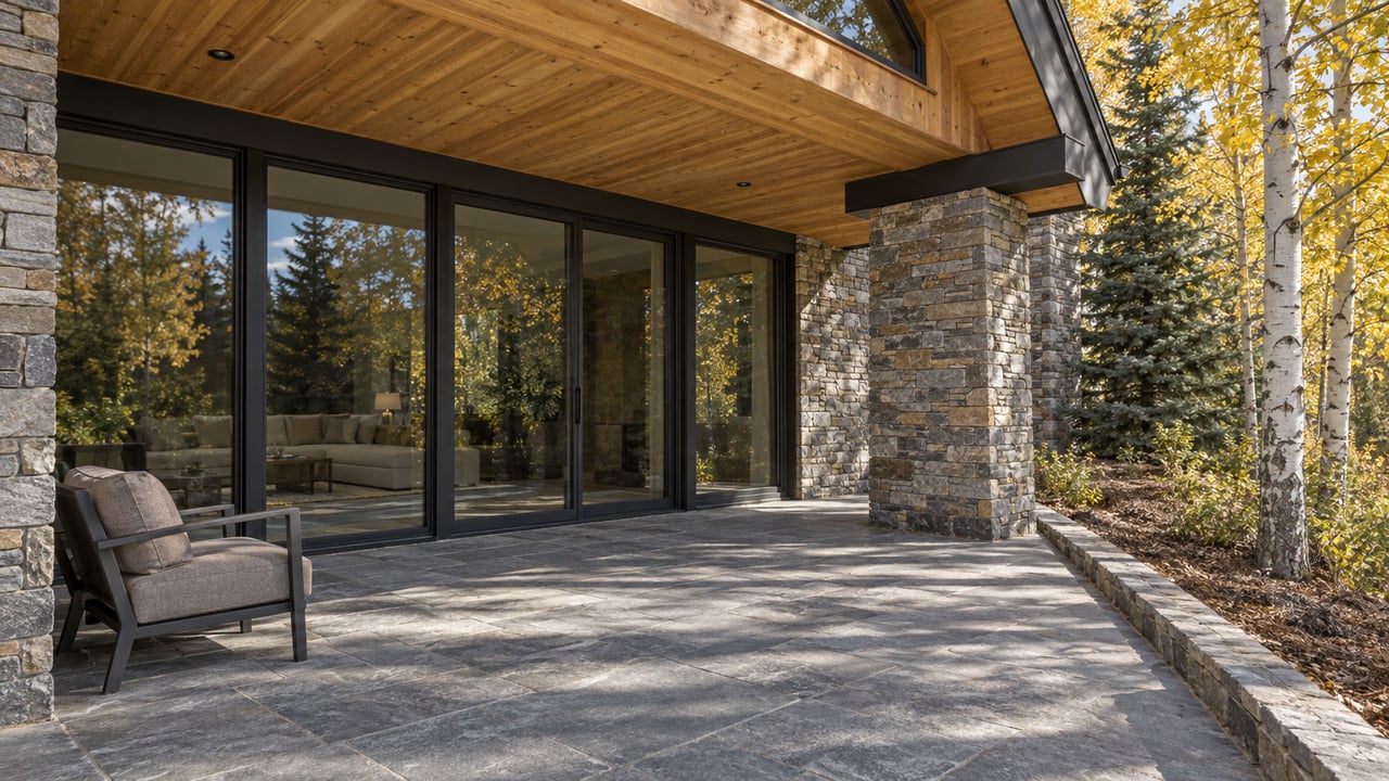 Timber-covered stone terrace beside tall dark-framed glass doors, with a single outdoor chair and yellow-leaved aspens along a raised stone edge.