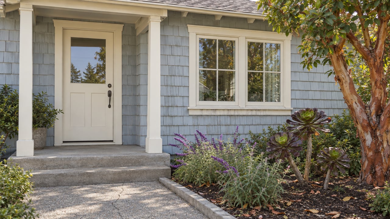 Pale blue-gray shingled bungalow with a cream entry door, divided window, worn concrete porch steps, and a small flowering succulent garden.