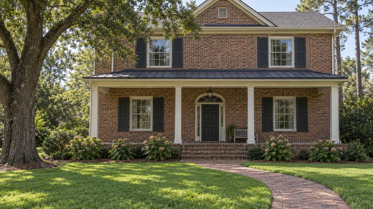 A two-story brick home with paired dark shutters, a covered porch and a curving brick walk across a broad green lawn.