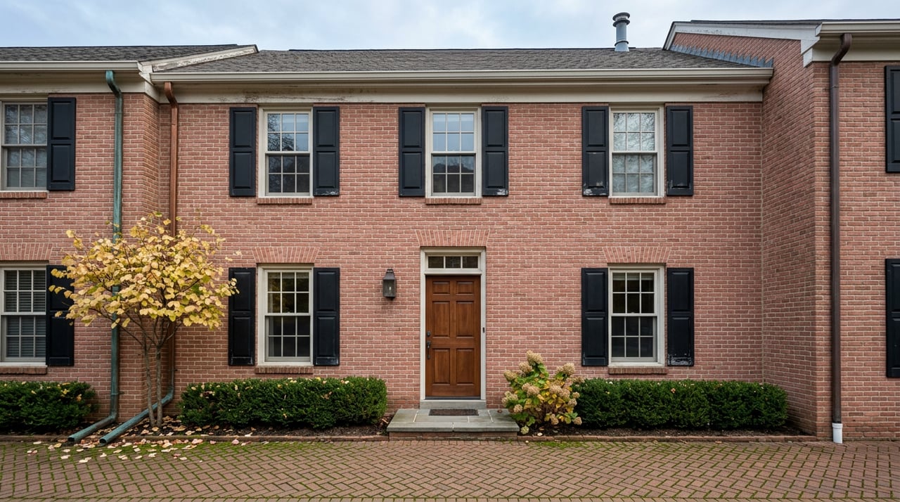 Rose-red brick townhome with black shutters, a walnut front door, clipped hedges, and a herringbone paver walk.