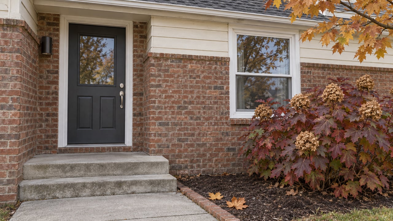 An autumn entry with reddish brown brick, ivory siding, a charcoal door, and an oakleaf hydrangea beside a white-framed window.