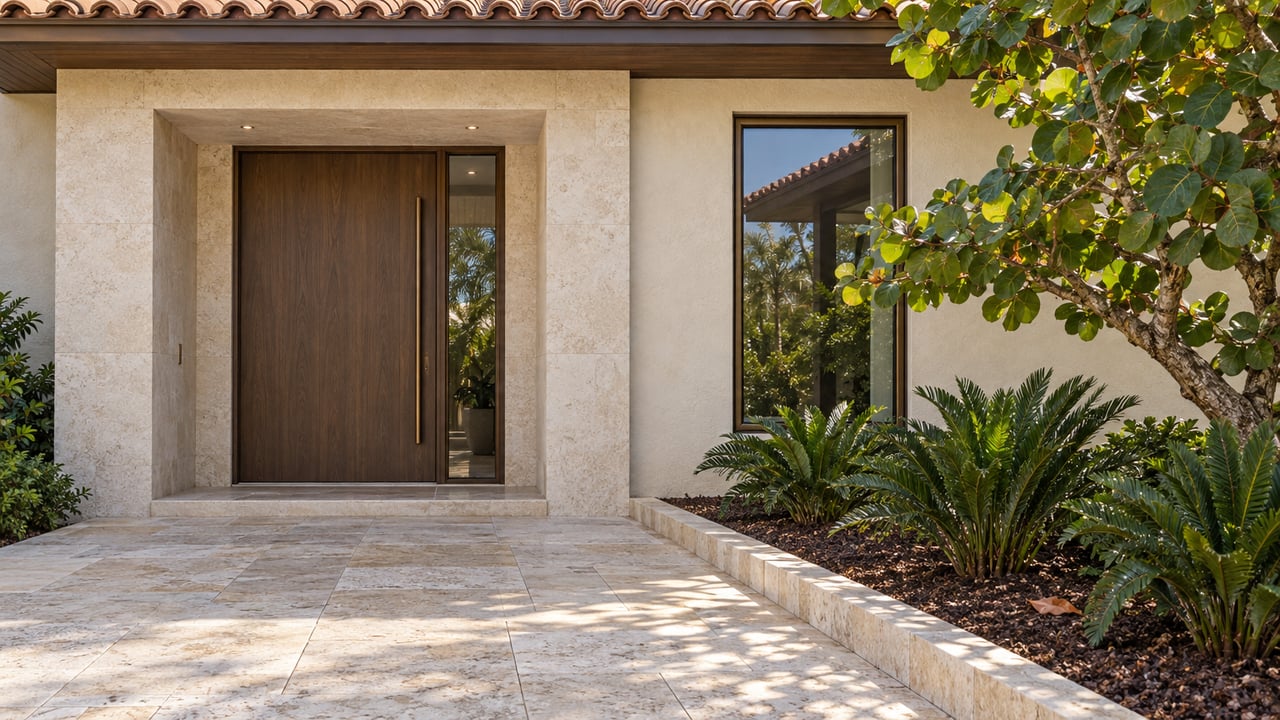 Sunlit ivory-stucco villa entrance with a smoked-oak door, terracotta roof, limestone approach and sculptural sea-grape tree.