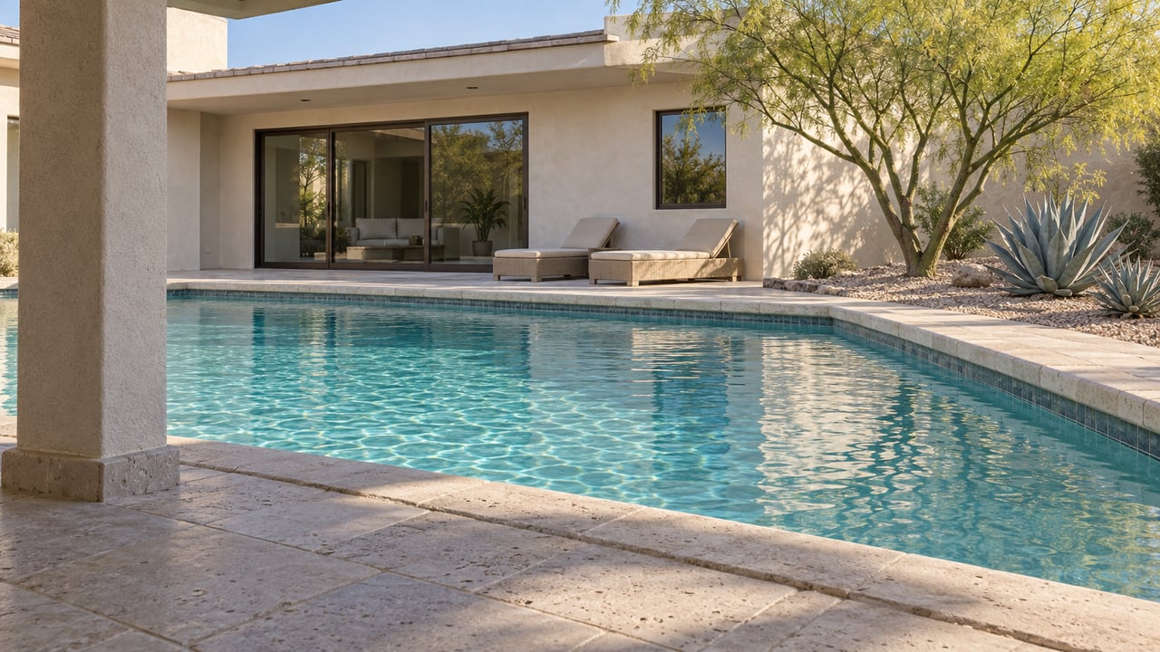 Shaded limestone patio overlooking turquoise pool water, a cream-stucco home, and sculptural desert planting.