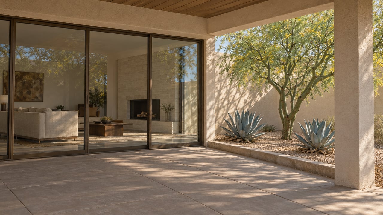 Shaded desert-home terrace with bronze-framed glass doors, pale stucco, timber ceiling and a blue palo verde in a gravel courtyard.