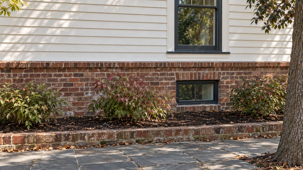 Historic brick foundation beneath white clapboards, with aligned windows, a bluestone walk, and burgundy-green shrubs.