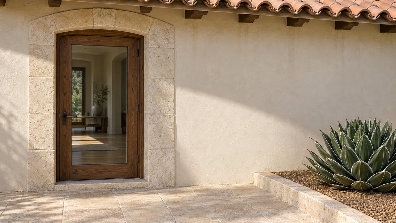 Sunlit limestone arch around a glazed oak terrace door, with weathered clay roof tiles and a sculptural agave beside pale stone paving.