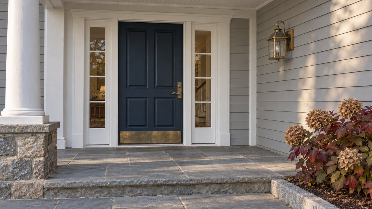 Navy paneled front door and white sidelights above a weathered bluestone landing, with burgundy oakleaf hydrangea at the edge.