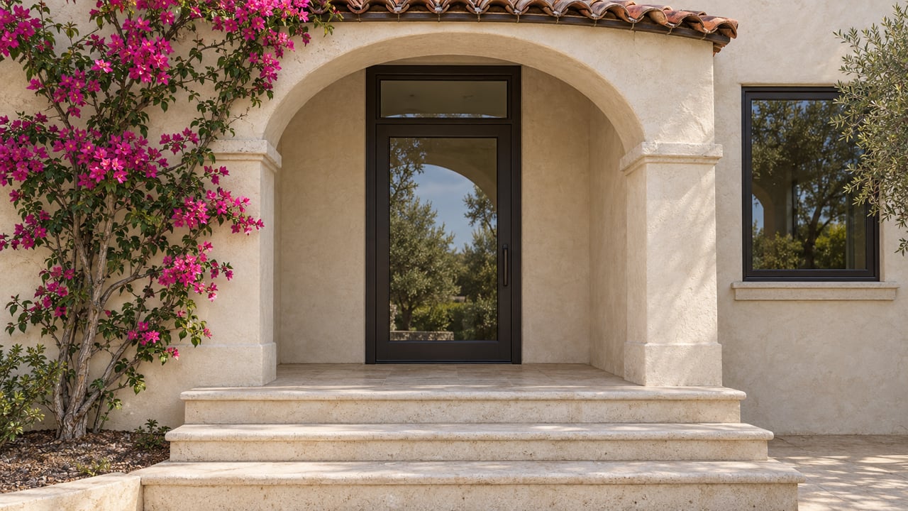 Ivory stucco entry with a clay tile canopy, bronze-framed glass door, limestone steps and flowering bougainvillea.