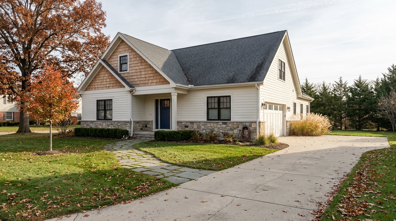 Craftsman-farmhouse home with a white facade, stone foundation, orange-red maple, and scattered autumn leaves.