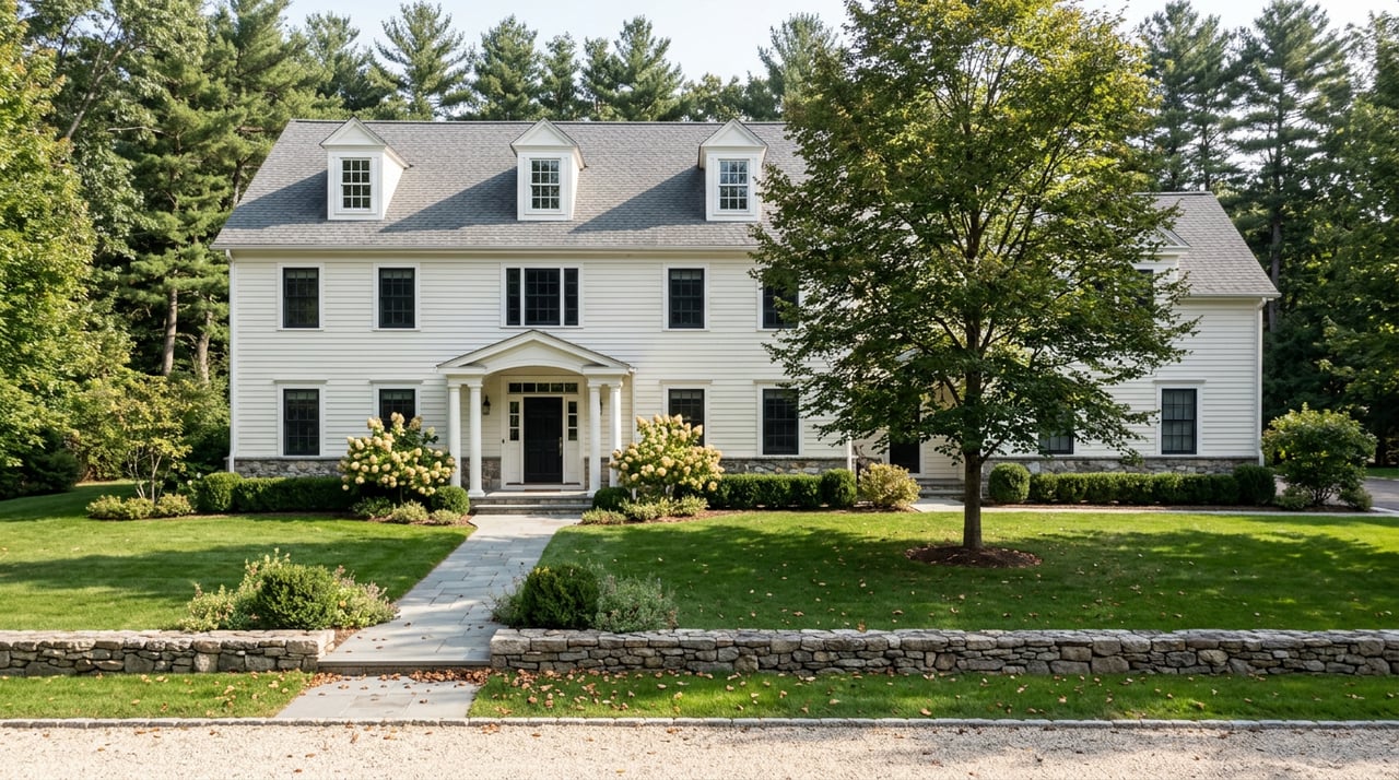 White clapboard house beyond lawn, with a curving stone walk and mature beech tree.