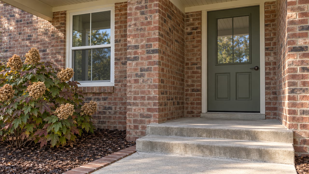 Covered brick entry with an olive front door, white-trimmed window, concrete steps and an oakleaf hydrangea beside the approach.