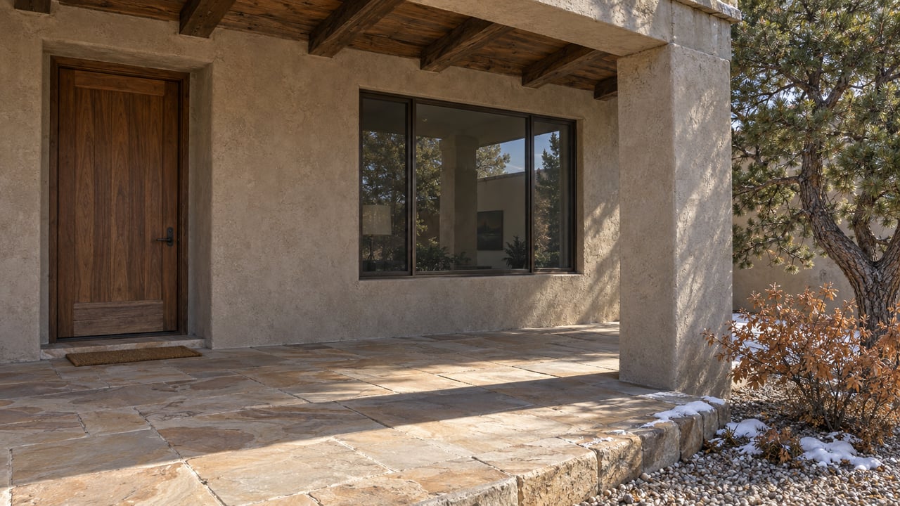 Winter sunlight crosses a sandstone entry terrace beneath a timber porch, beside a stucco home, pinyon pine and snow-dusted planting bed.