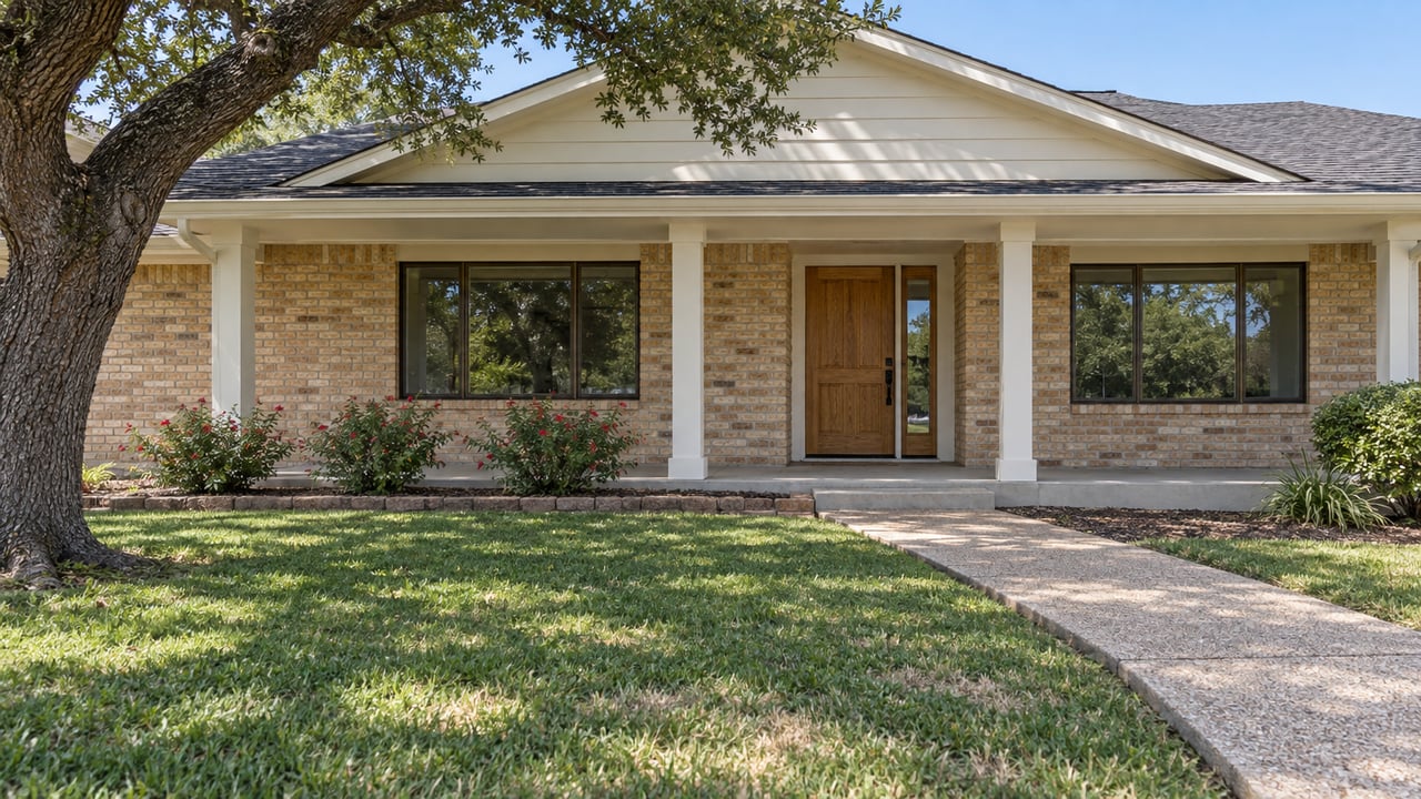 A renovated single-story home with buff brick, cream siding, an oak front door, and a deep lawn shaded by a spreading live oak.