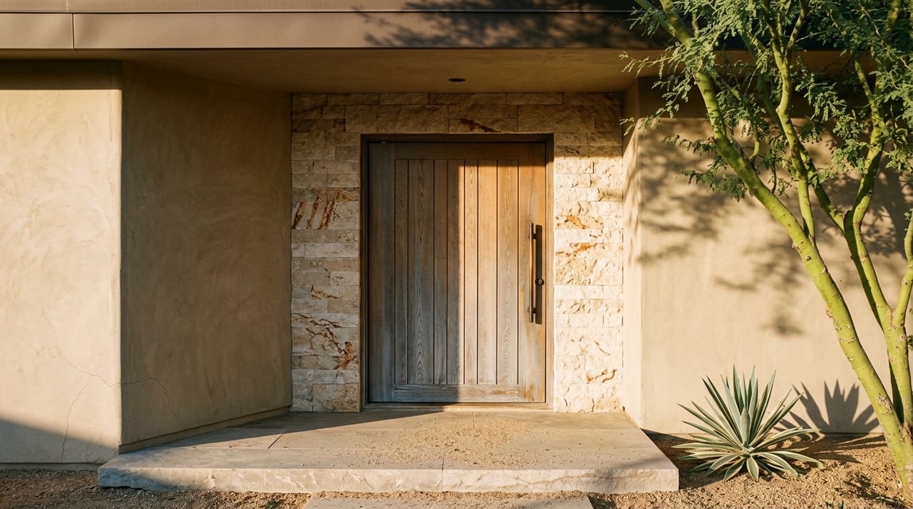 Silver-gray oak slat door framed by veined travertine, with an agave beside the stucco entry.