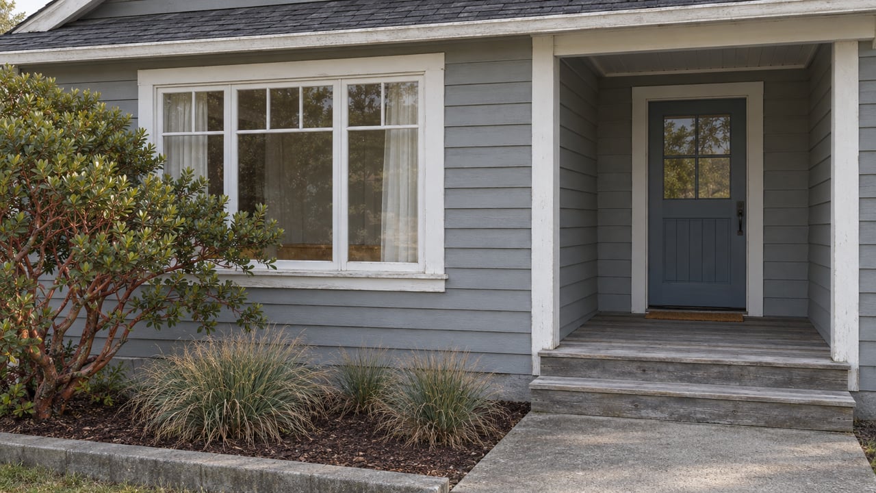 Gray wood-sided cottage with a sheltered front door, white-trimmed window, weathered porch steps, and a sculptural manzanita beside the approach.