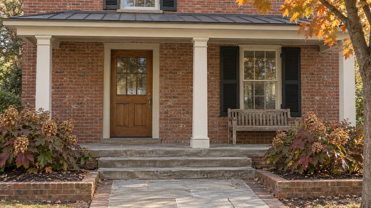 Red-brick home with a covered limestone porch, oak entry door, ivory columns and autumn oakleaf hydrangeas.