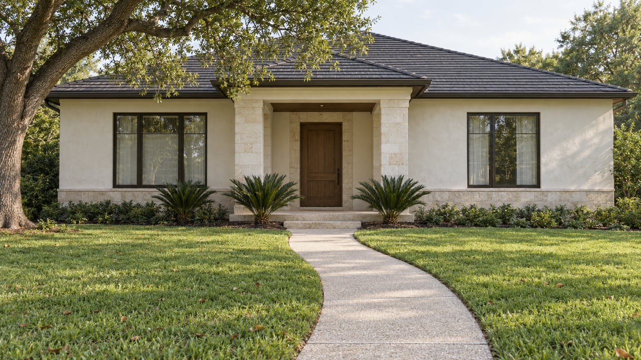Cream stucco home with a charcoal hip roof, recessed porch, curving walkway, and mature tree.