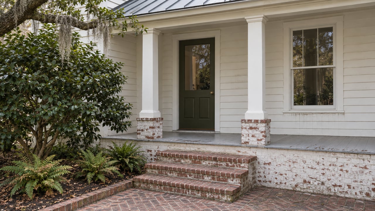 Raised white clapboard cottage porch with olive glazed door, brick steps and camellia planting in soft daylight.